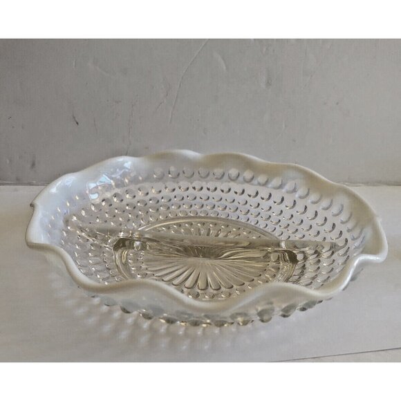 Vintage Fenton Glass Divided Hobnail Serving Dish scalloped frosted edges 7 3/4" - Picture 3 of 11